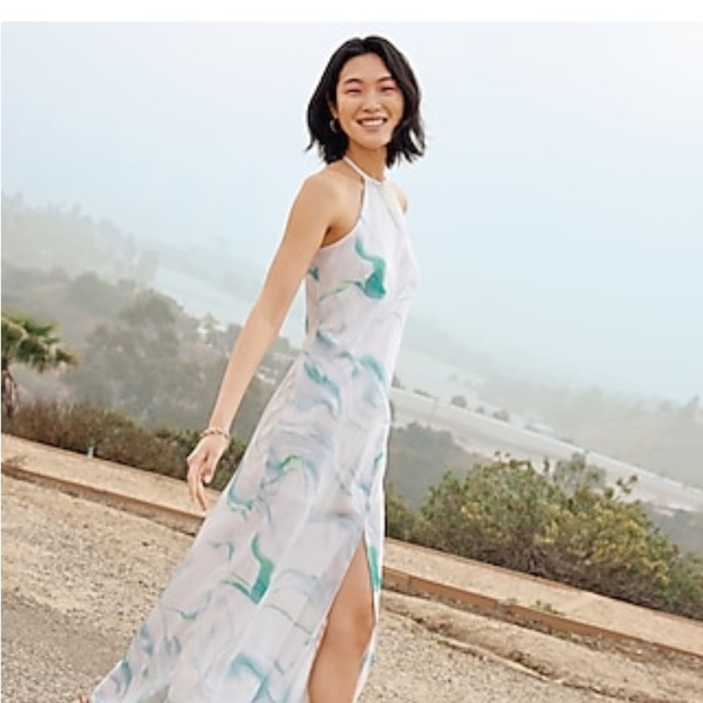 Nwt Abstract Marble Print Satin
Asymmetrical Hem Maxi Slip
Dress